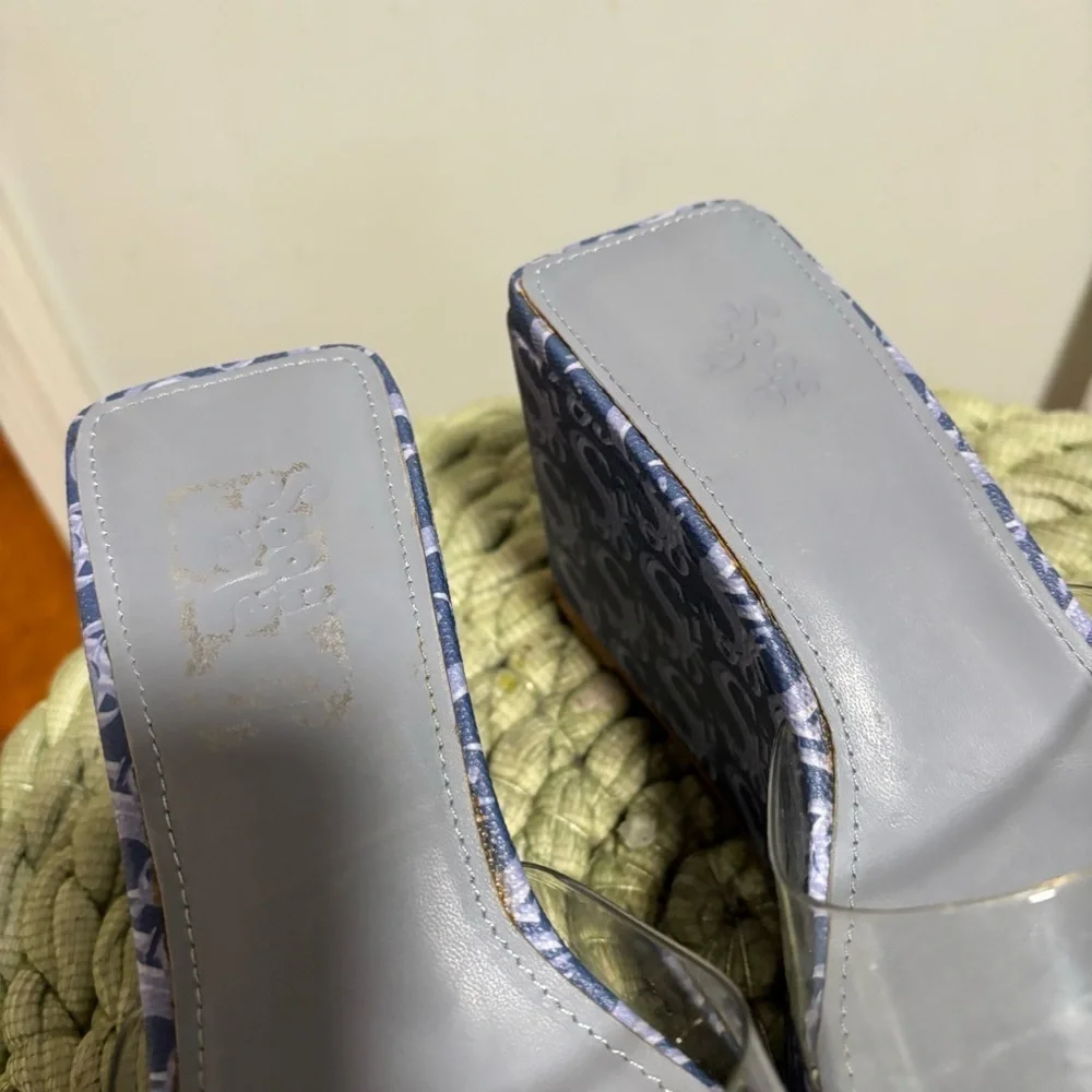 Sooki La La The Rocky La La Clear Slip On Blue Logo Platform Wedge Sandals